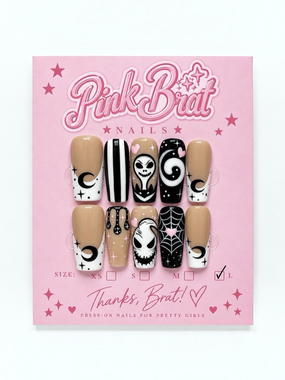 Halloween Black, White and Pink Press-On Nails - Large